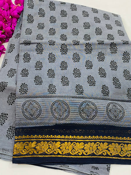 Grey Color Pure Sungudi Cotton Saree With Blue Contrast Zari Border