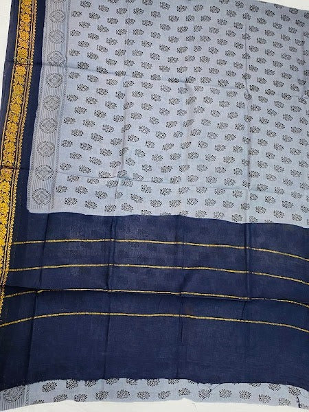 Grey Color Pure Sungudi Cotton Saree With Blue Contrast Zari Border Near Me