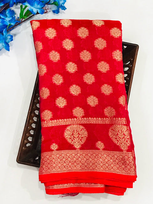 Gorgeous Red Color Georgette Designer Saree With Flower Motifs Near Me