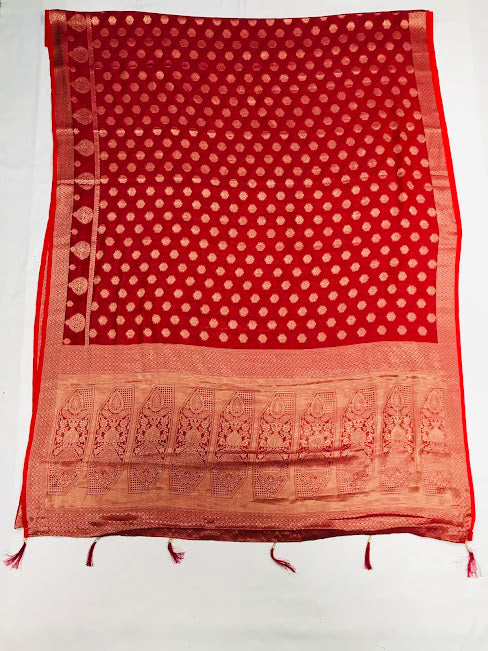 Lovely Red Saree With Flower Motifs And Rich Pallu Near Me