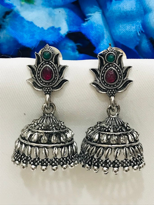 Alluring Oxidized Stones And Beads Work Jhumka Earrings For Women