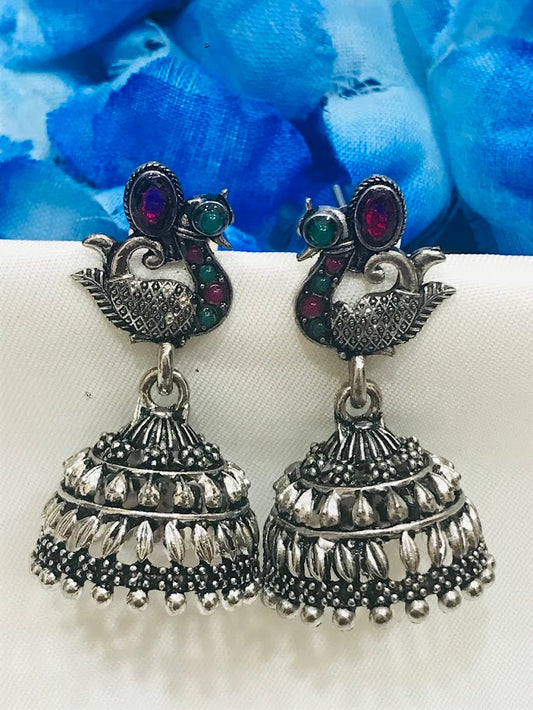 Delightful Red Color Stone Oxidized Jhumka Earrings For Women