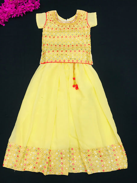 Dazzling Yellow Color Mirror Embroidery Sequins Work Choli Set For Girls In Gilbert