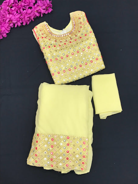 Dazzling Yellow Color Mirror Embroidery Sequins Work Choli Set For Girls