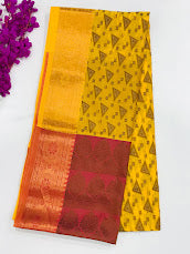 Pleasing Yellow Color Cotton Saree With Allover Geometric Designs And Contrast Rich Pallu