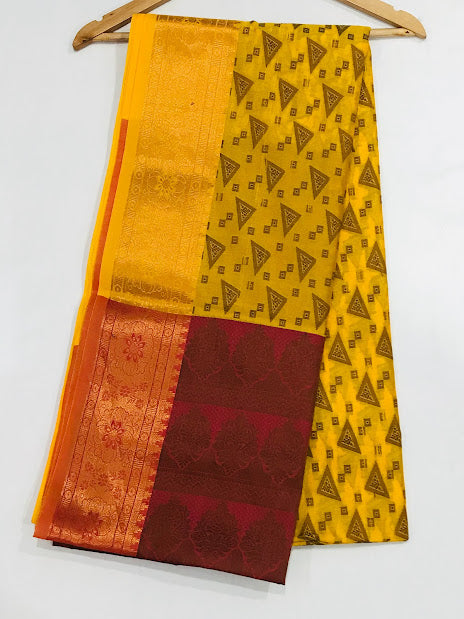  Yellow Color Cotton Saree With Allover Geometric Designs  in Sun City