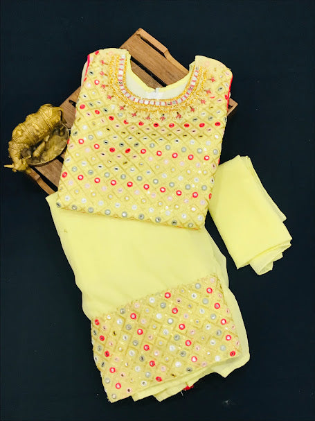 Dazzling Yellow Color Mirror Embroidery Sequins Work Choli Set For Girls Near Me