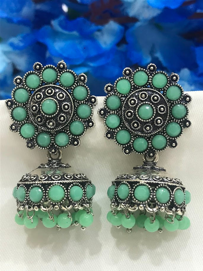 Gorgeous Teal Green Colored Oxidized Jhumka Earrings