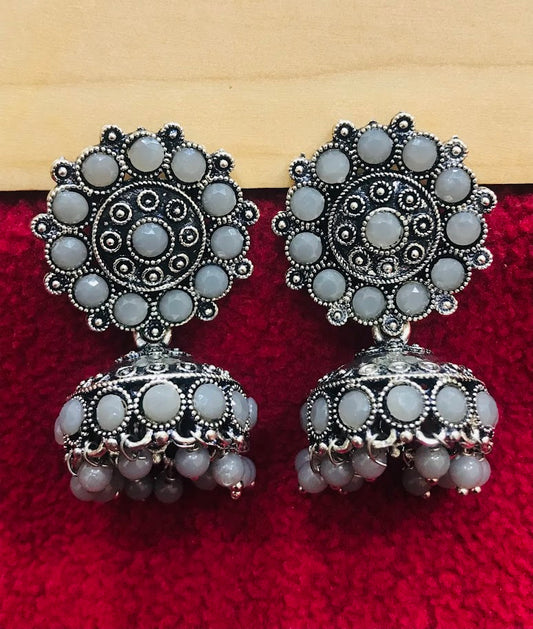 Delightful Oxidized Grey Colored Jhumka Earrings For Women