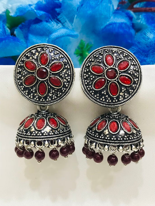 Gorgeous Oxidized Maroon Colored Jhumka Earrings For Women