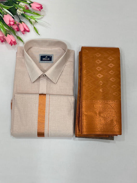 Alluring Copper Color Couple Combo Saree With Cotton Dhoti Shirt