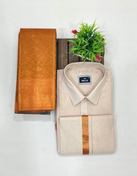 Alluring Copper Color Couple Combo Saree With Cotton Dhoti Shirt