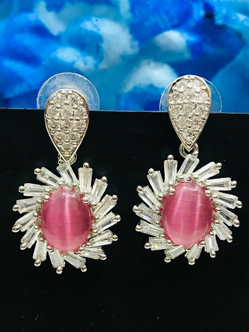 Appealing Pink Color Stone Style AD Jhumka Earrings For Women