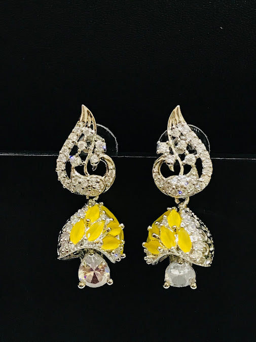 Gorgeous American Diamond Yellow Colored Jhumka Earrings For Women