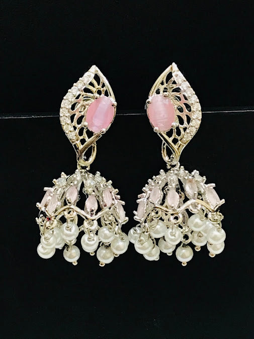 Gorgeous American Diamond Light Pink Colored Jhumka Earrings