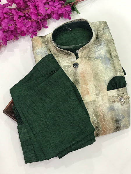 Elegant Designer Green Color Silk kurta With Printed Nehru Jacket