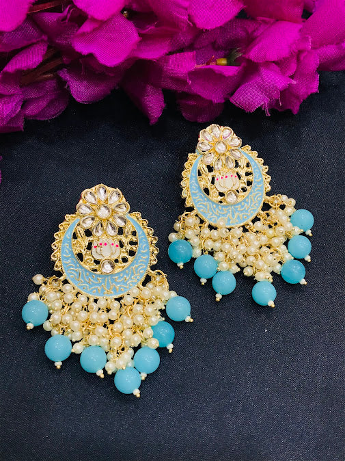 Appealing Sky Blue Colored Gold Plated Earrings For Women