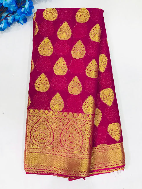 Dazzling Pink Color Designer Georgette Saree With Butta Motifs Contrast Rich Pallu