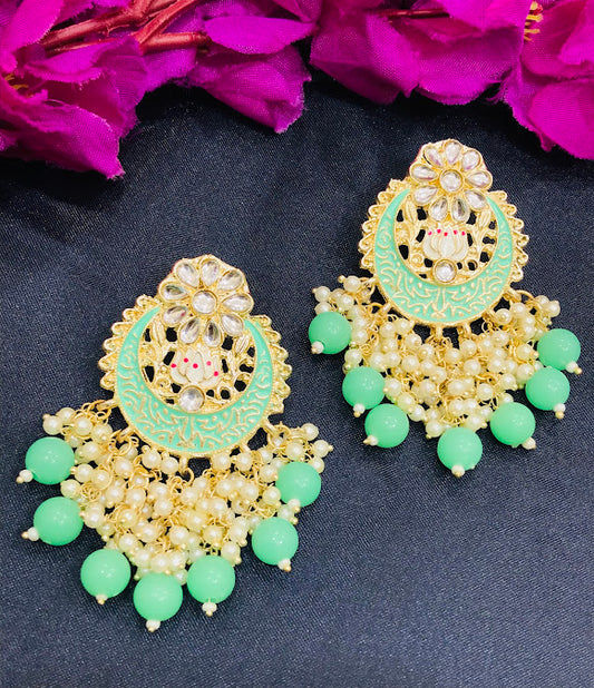 Delightful Light Green Colored Beaded And Stone Work Earrings For Women