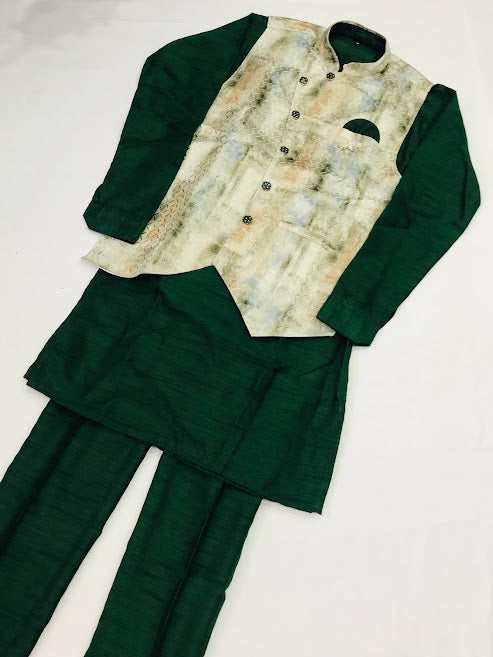 Elegant Designer Green Color Silk kurta With Printed Nehru Jacket Near Me
