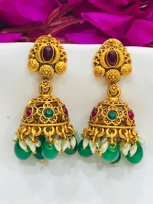 Delightful Multicolor Antique gold Jhumka Earrings For Women