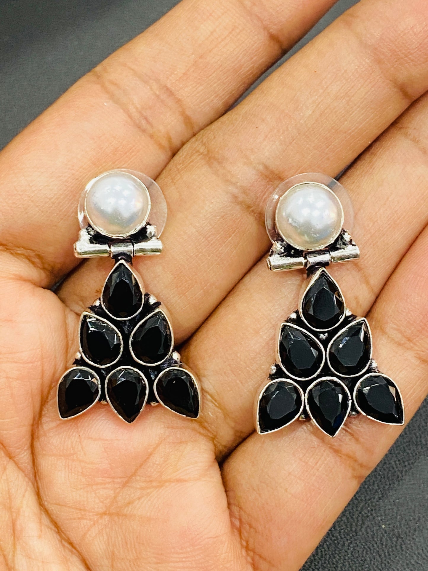 Black Stone Embedded Leaf Designed German Silver Oxidized Stud Earrings Near Me