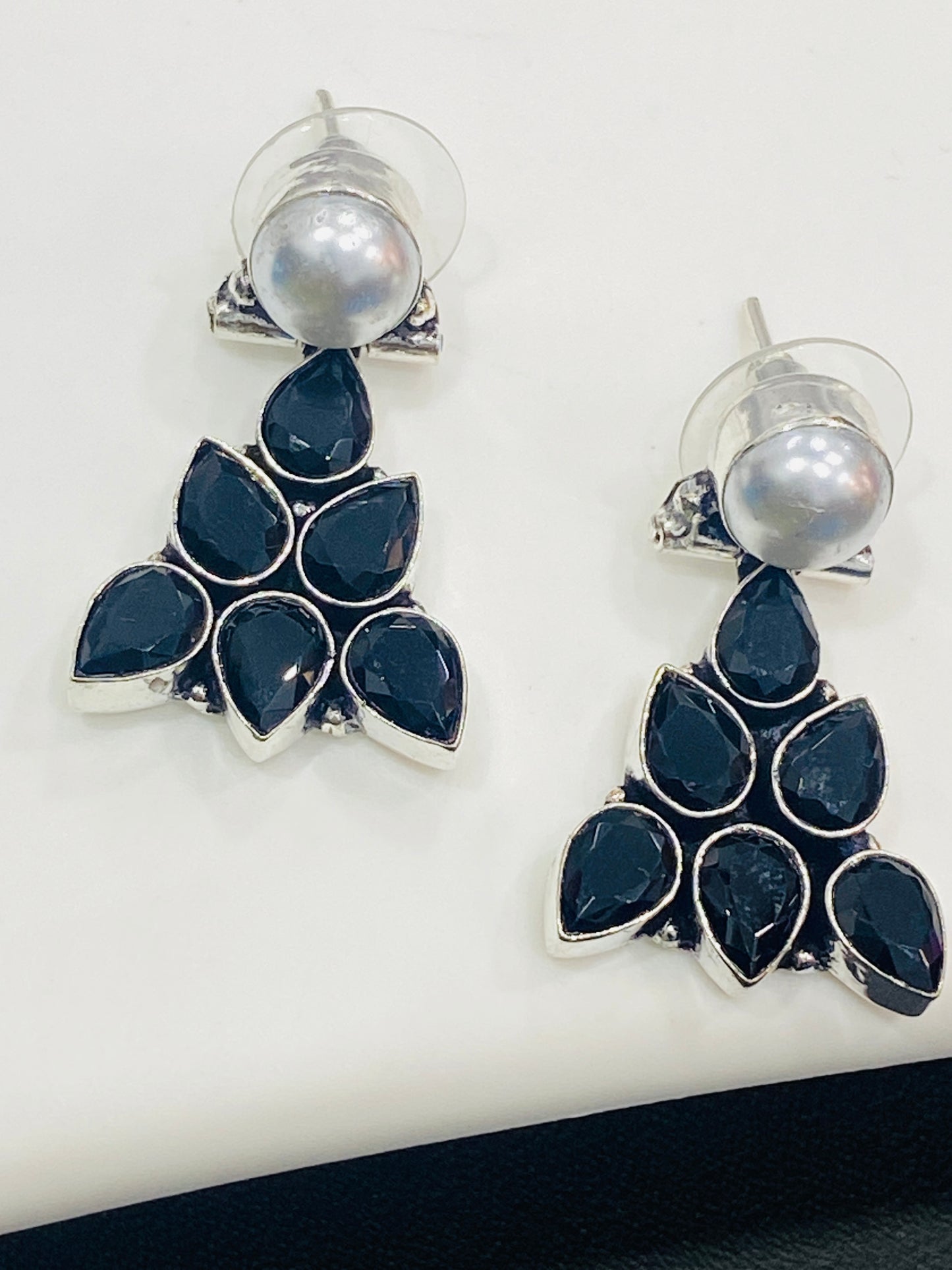 Beautiful Black Stone Embedded Leaf Designed German Silver Oxidized Stud Earrings