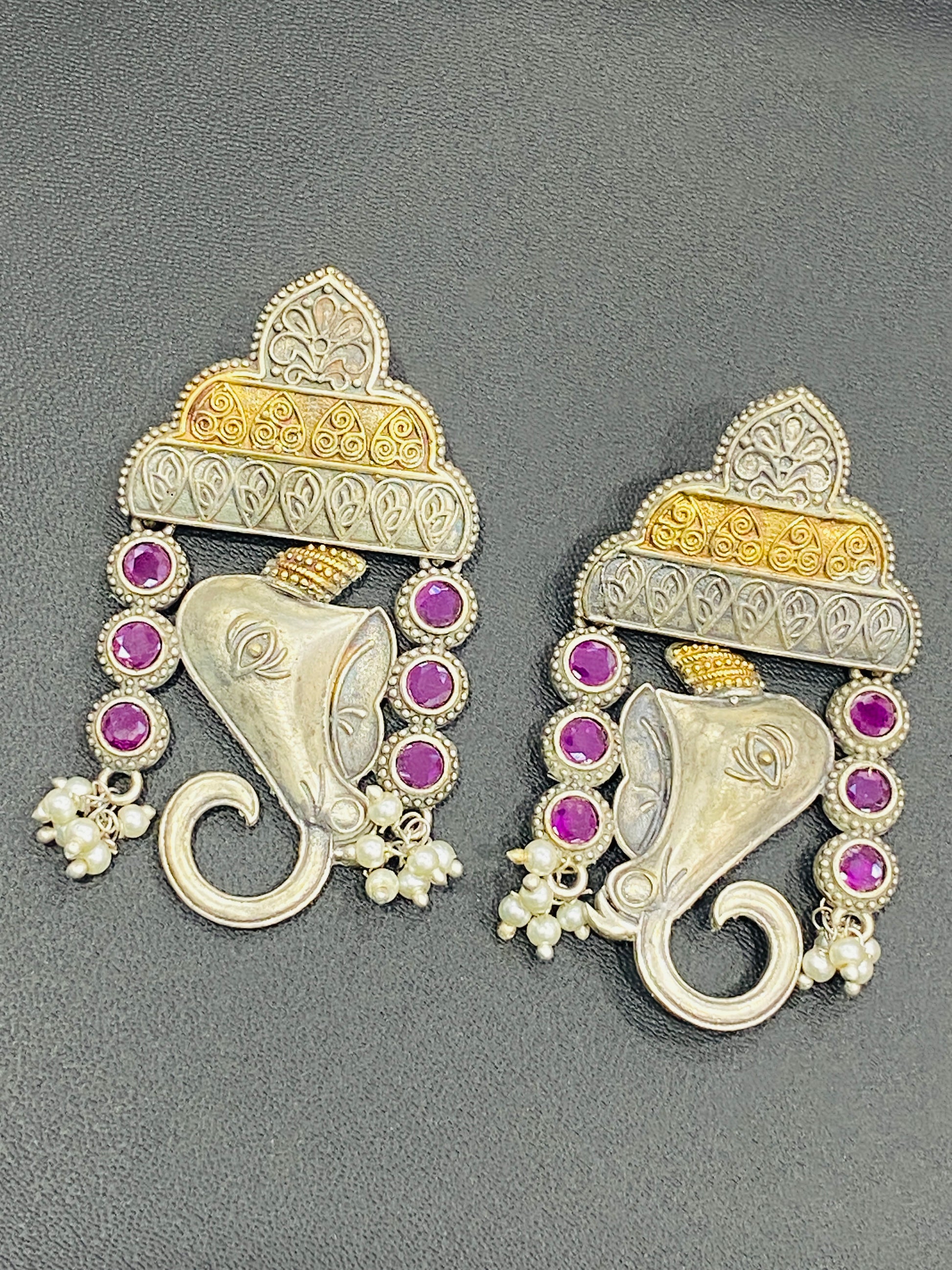 Classic Silver Plated Stone Beaded Ganesh Designed Earrings With Two Tone Plating For Women