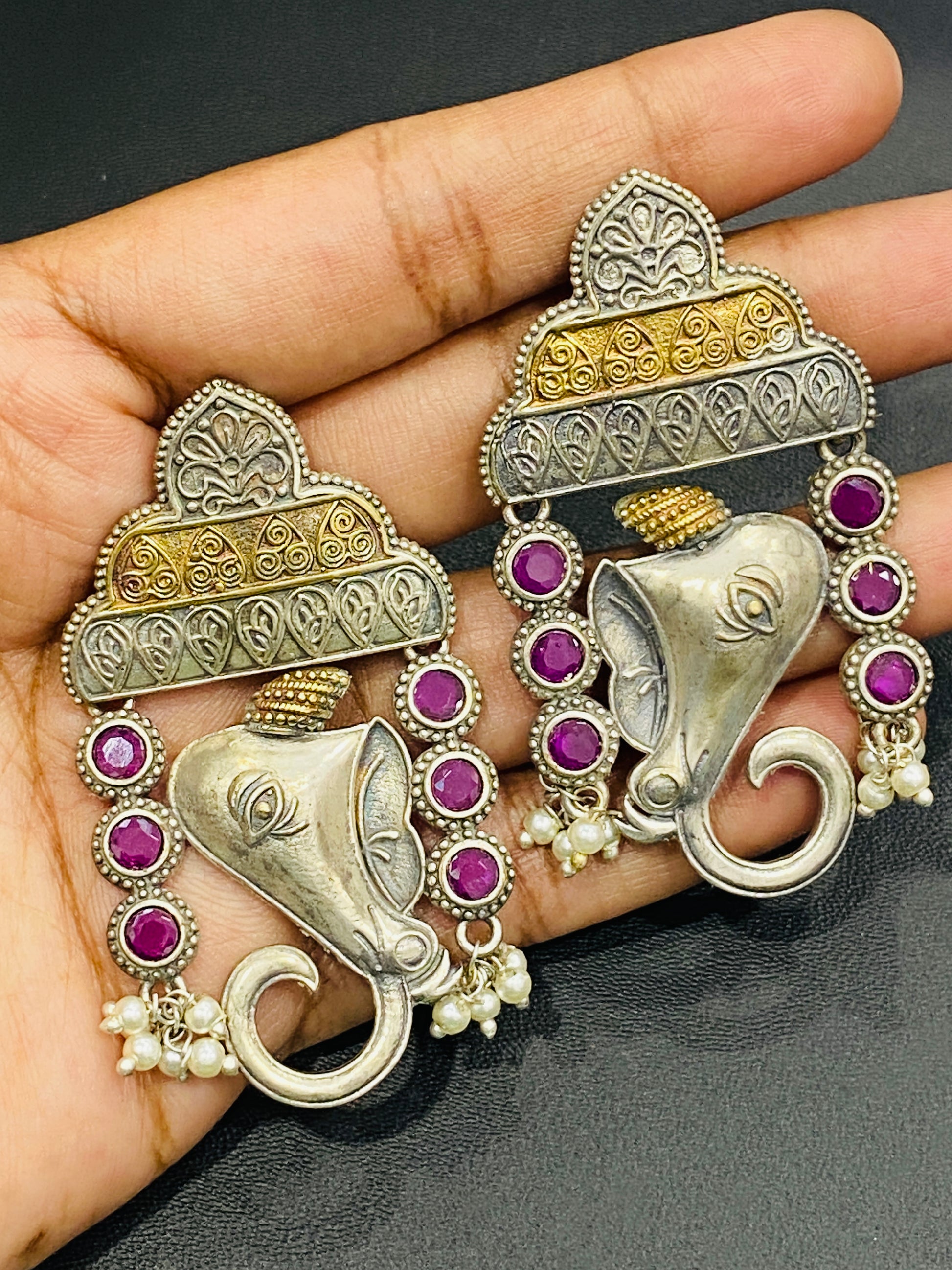 Silver Plated Stone Beaded Ganesh Designed Earrings Near Me
