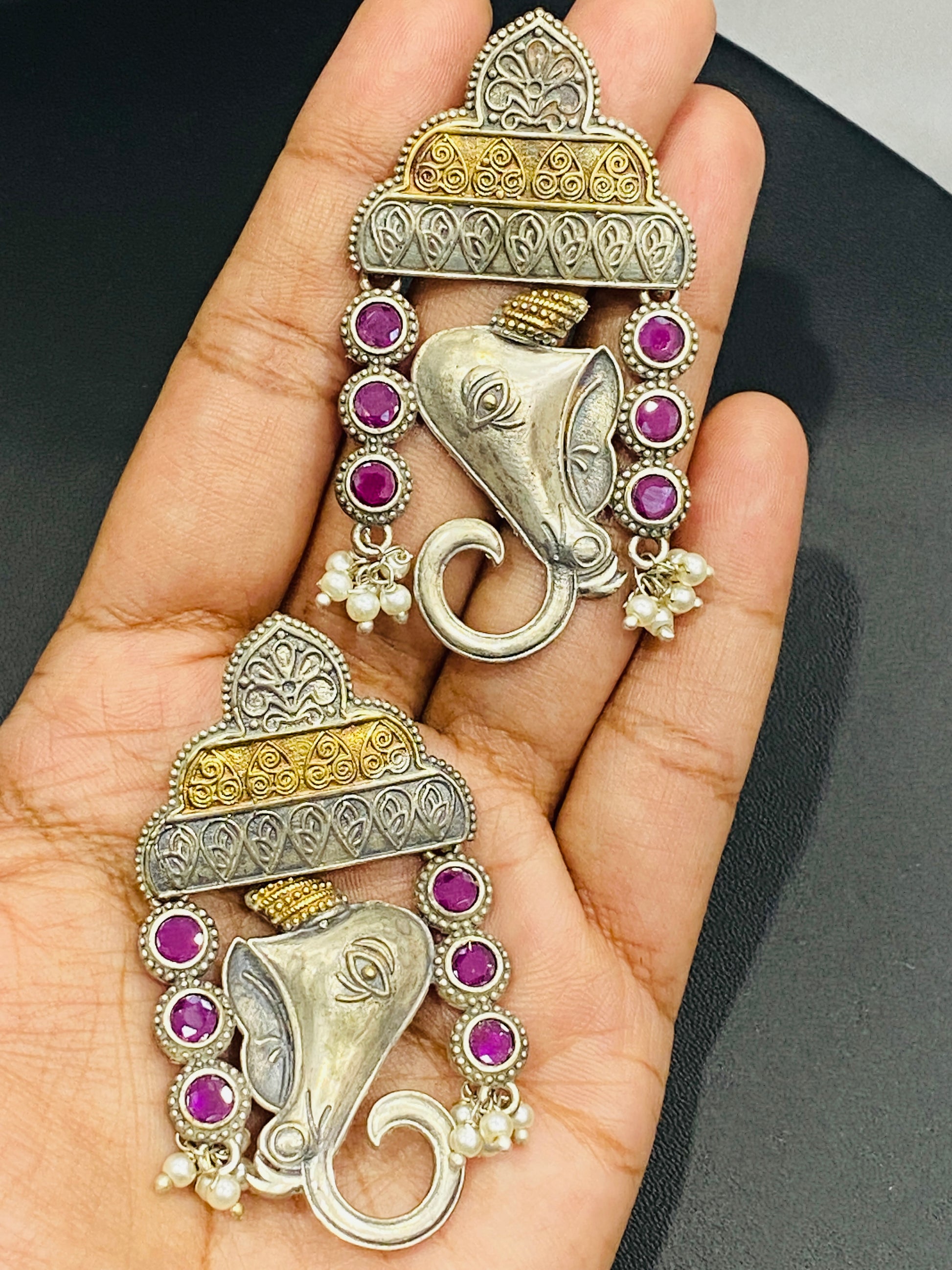 Stone Beaded Ganesh Designed Earrings With Two Tone Plating For Women in USA
