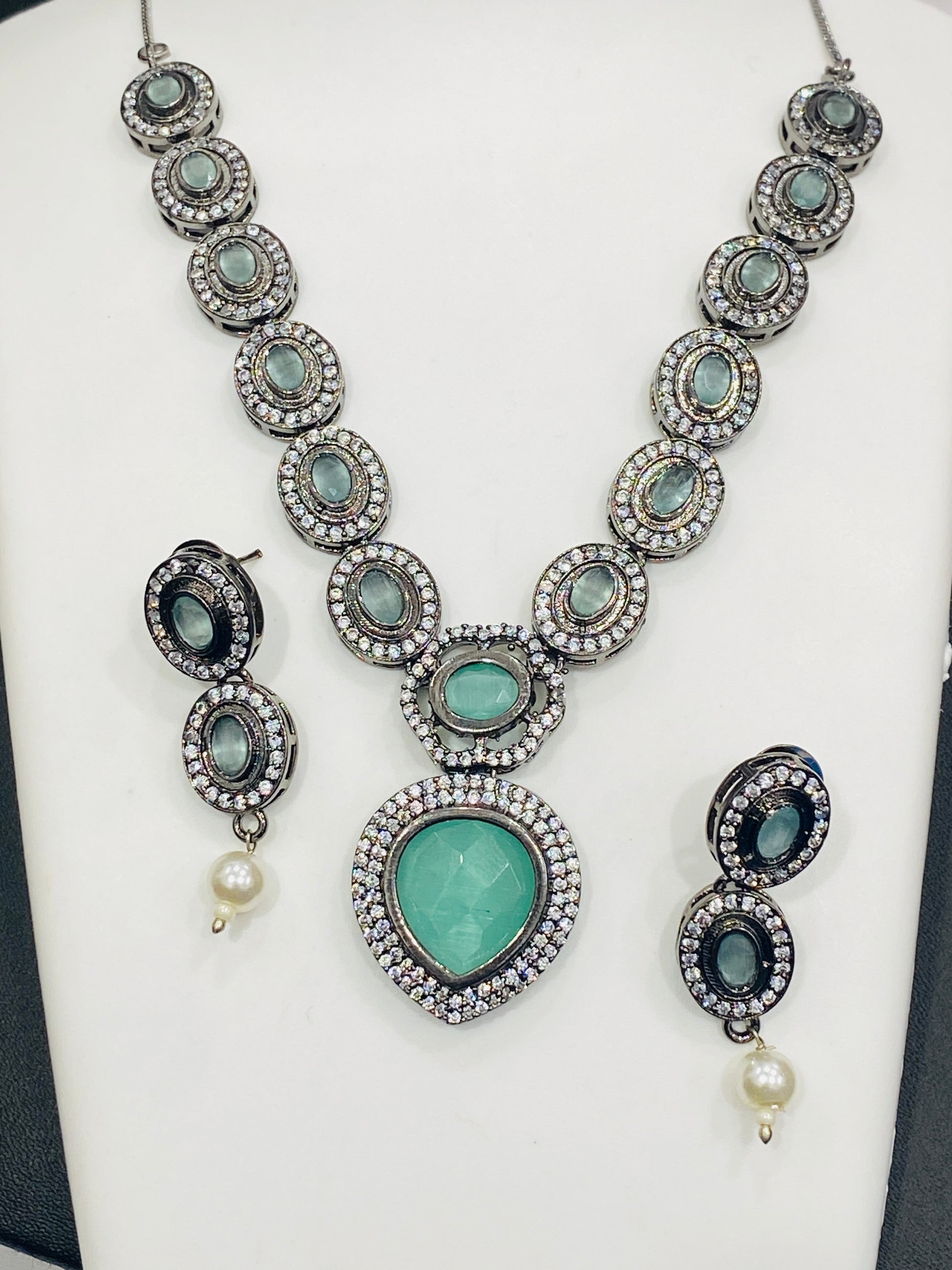 Elegance Turquoise Green Colored AD Stones Silver Oxidized Necklace Near Me