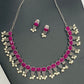 Dazzling Rectangle Pink Stone Studded Flower Designed Silver Toned Oxidized Necklace Set With Earrings