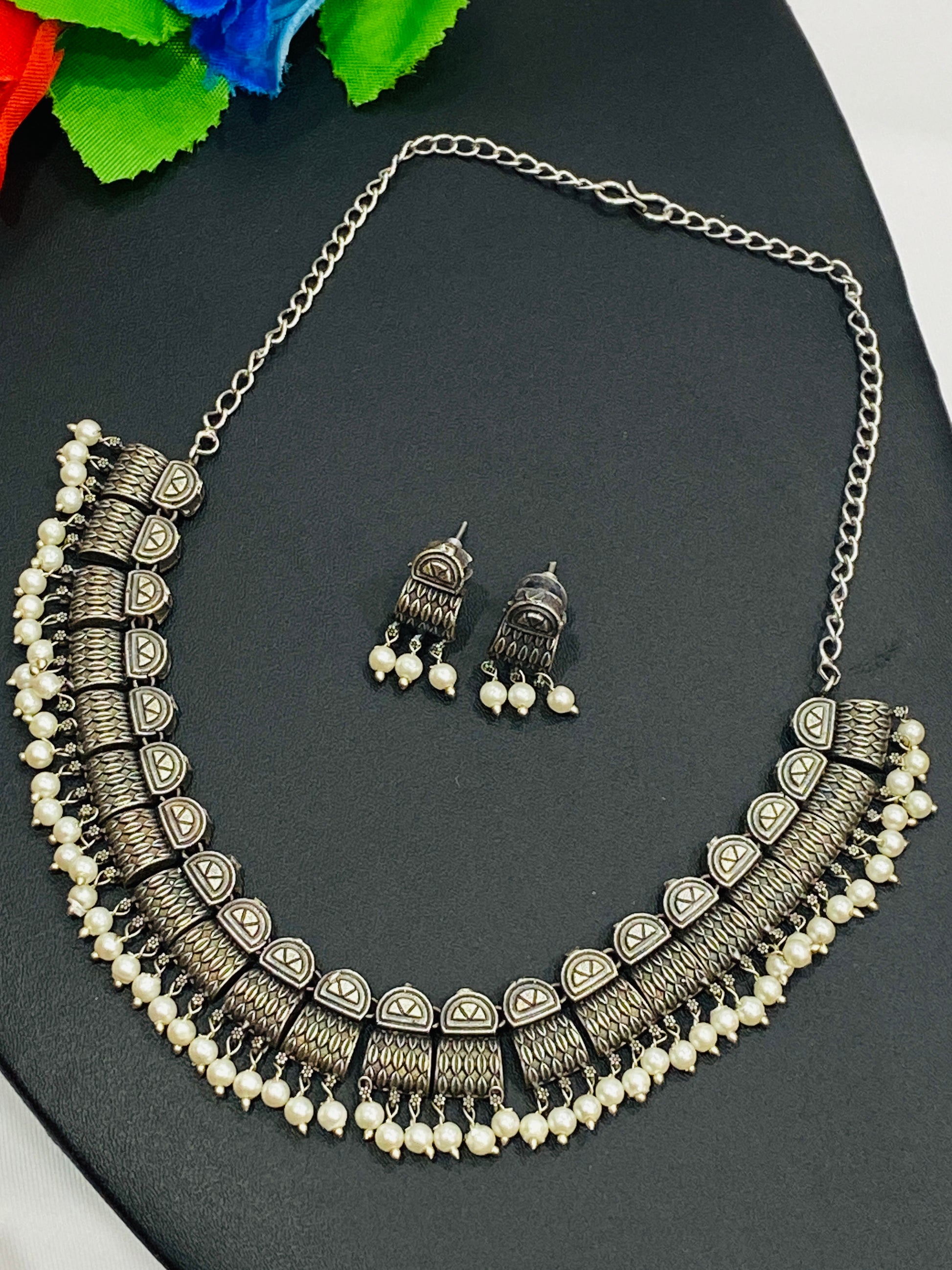 Unique Tribal Style Handmade Ethnic Silver Plated Oxidized Necklace Set With Earrings And Pearl Beads