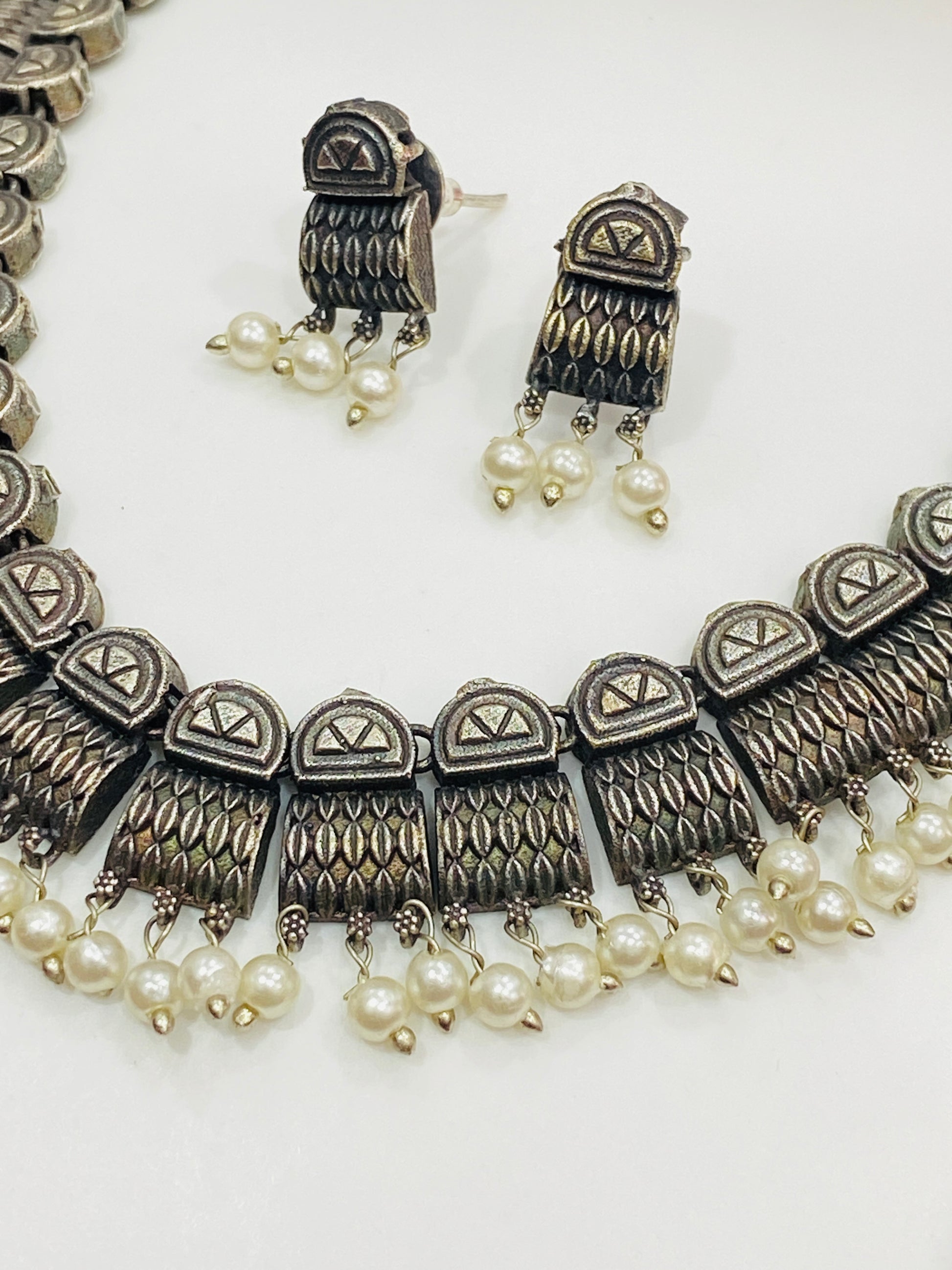 Silver Plated Oxidized Necklace Set With Earrings And Pearl Beads in Apache Junction