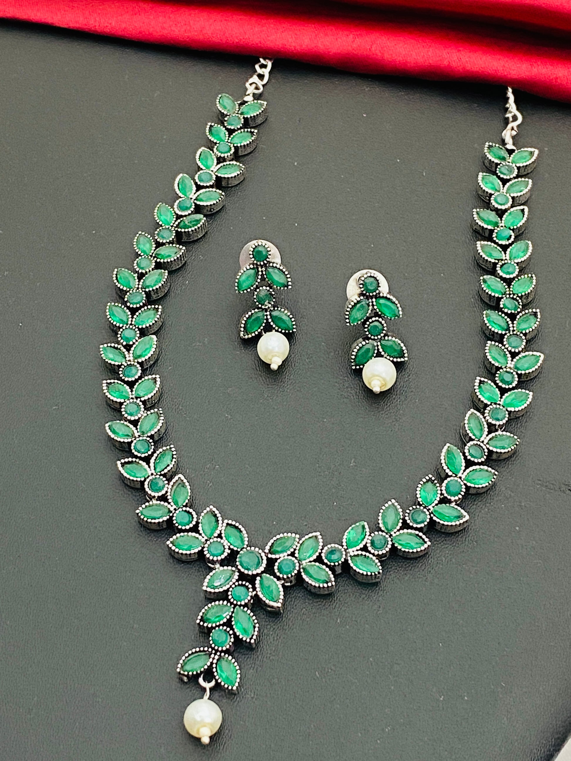 Marvelous Emerald Stone Beaded Leaf Designed German Silver Toned Oxidized Necklace With Earrings