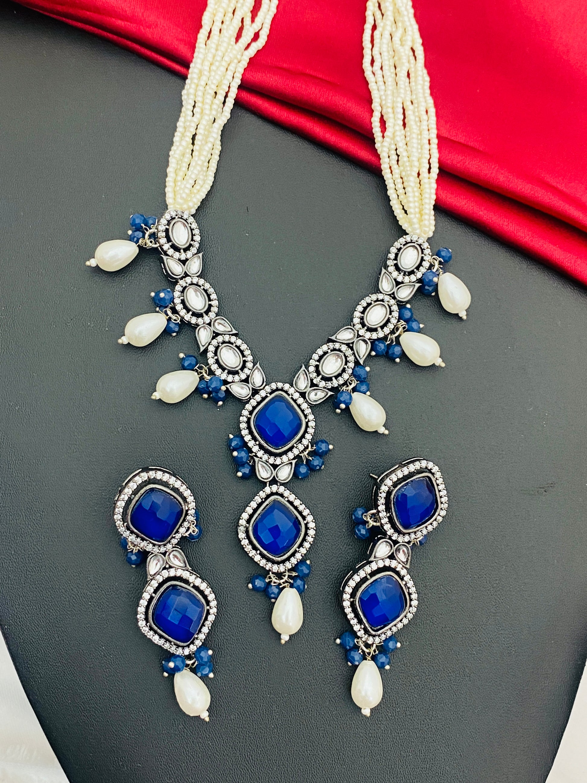 Beautiful Blue Stone Studded Silver Toned Oxidized Pearl Necklace Set With Matching Earrings