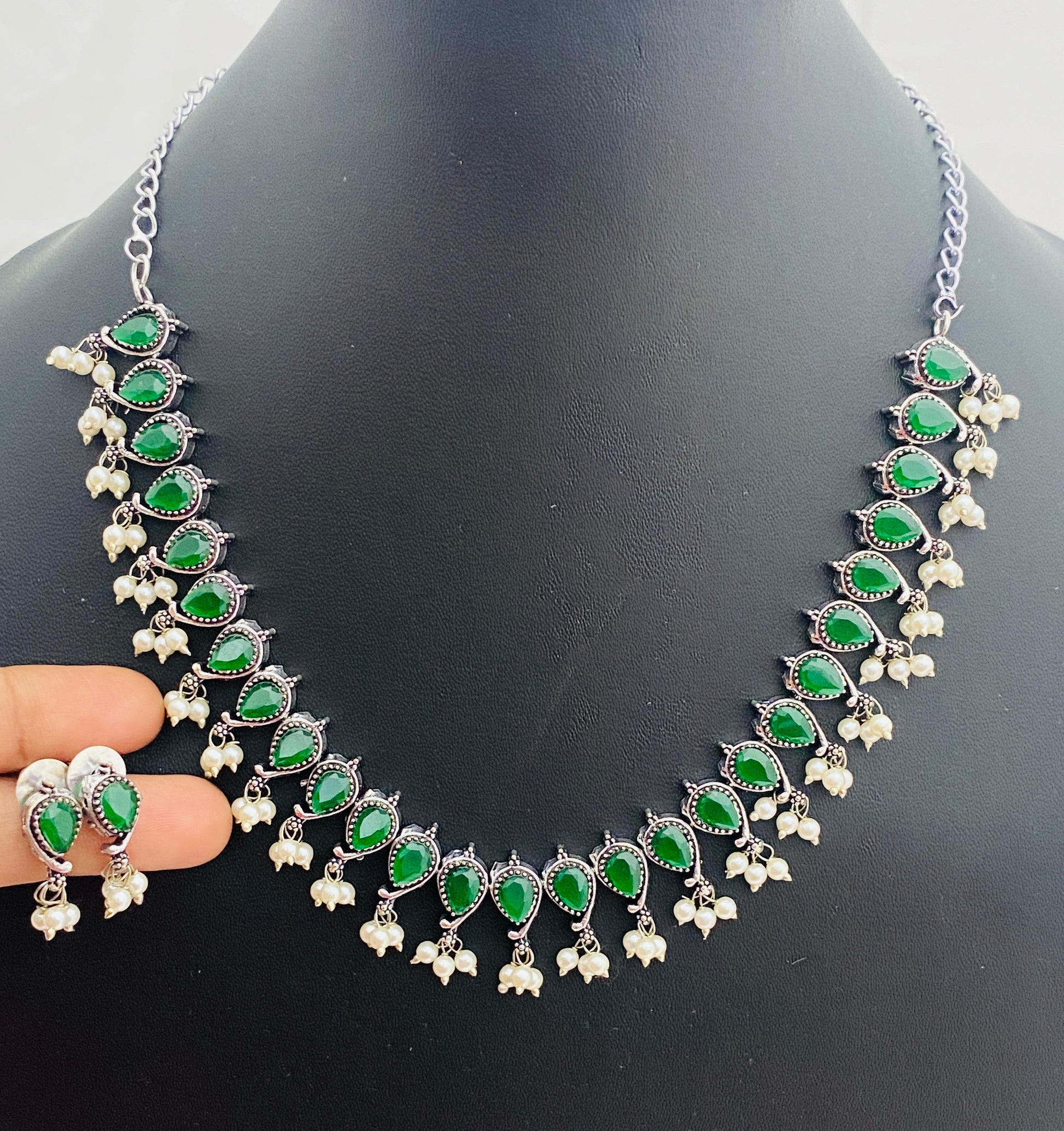 Alluring Emerald Stone Beaded German Silver Plated Oxidized Necklace Set in USA