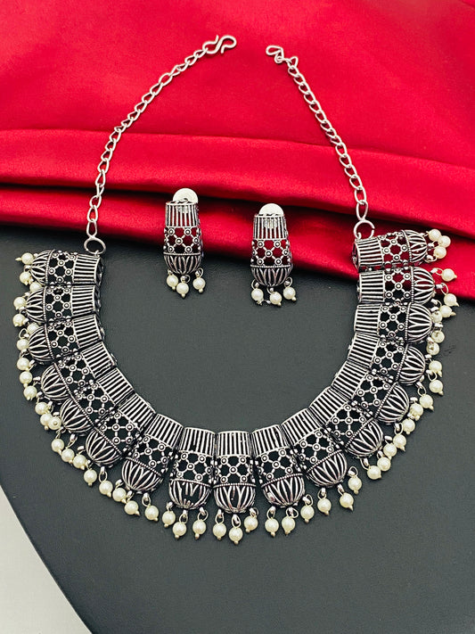 Gorgeous Silver Plated Tribal Oxidized Necklace With Earrings