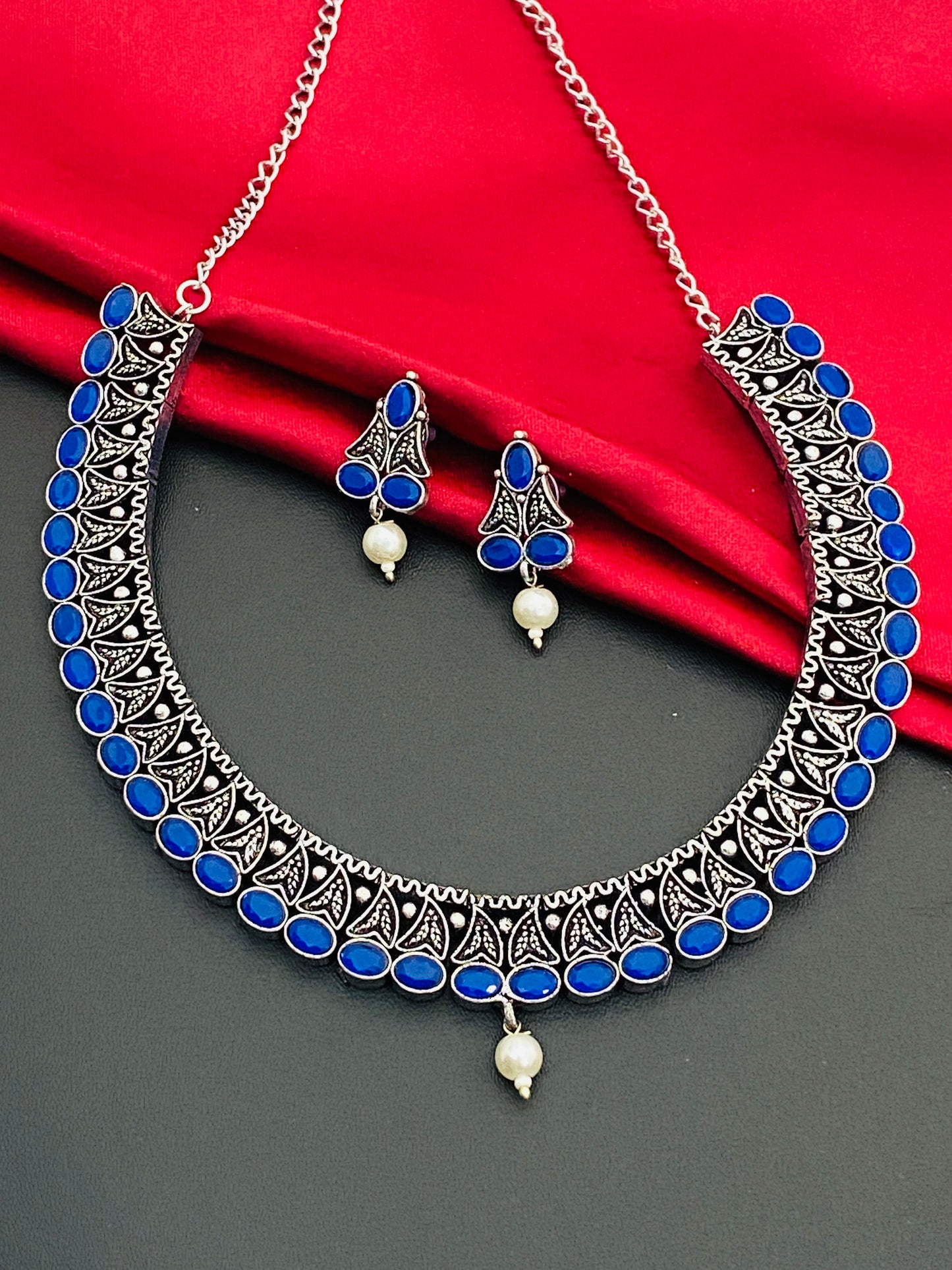 Trendy Dark Blue Color Silver Toned Oxidized Necklace Set With Earrings