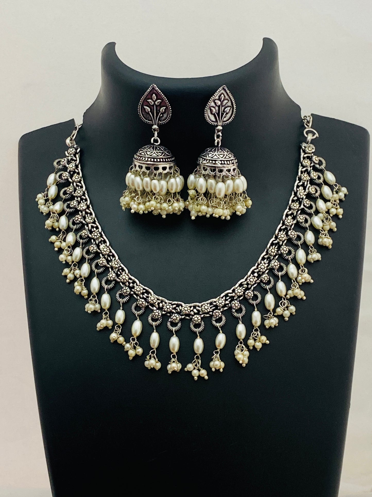 Lovely Pearl Beaded German Silver Plated Oxidized Necklace With Jhumka Earrings