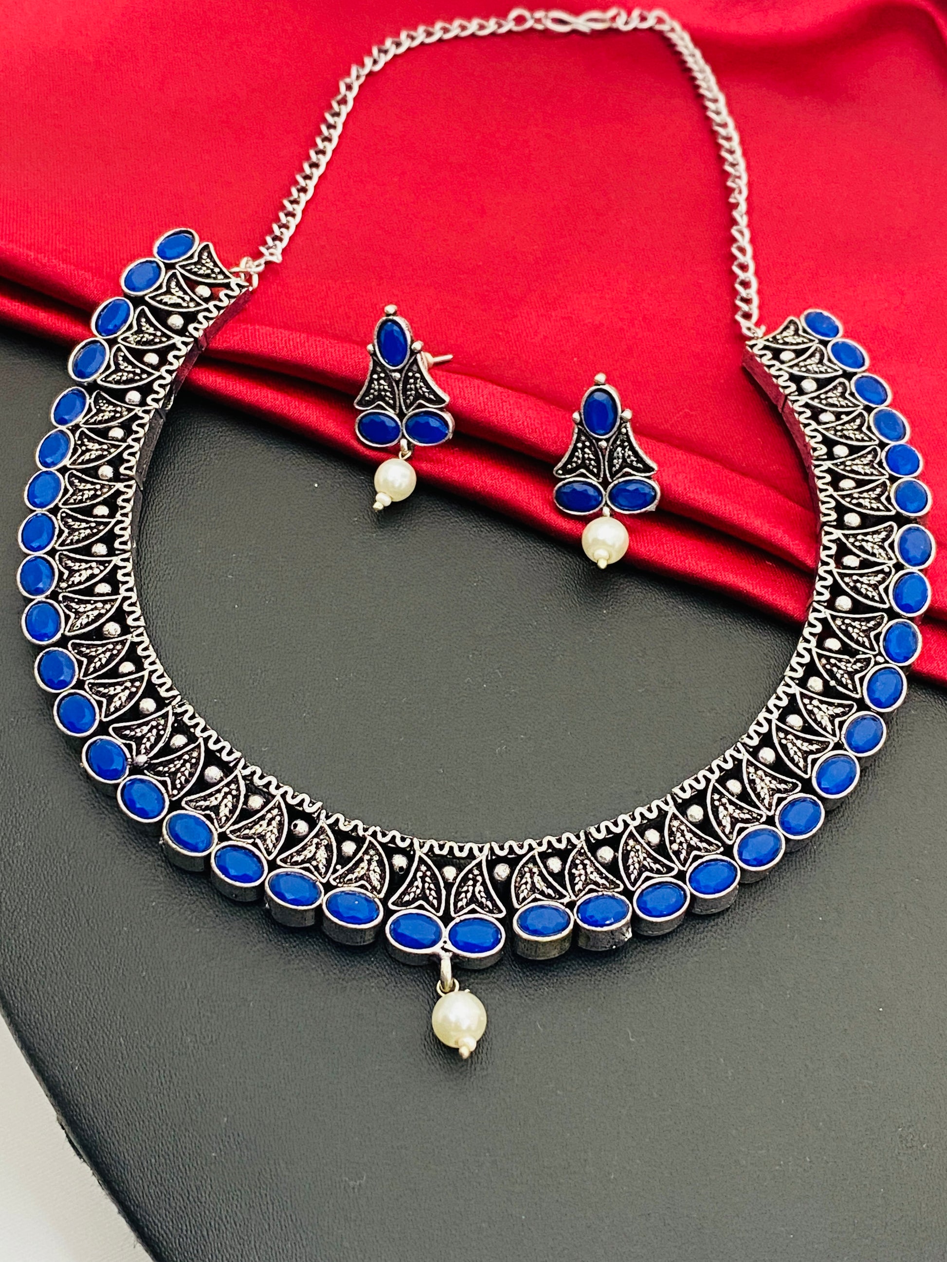 Gorgeous Dark Blue Stone Studded German Silver Plated Oxidized Necklace Set With Earrings