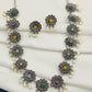 Stylish Flower Style Multistone Studded Oxidized Necklace with Earring Set