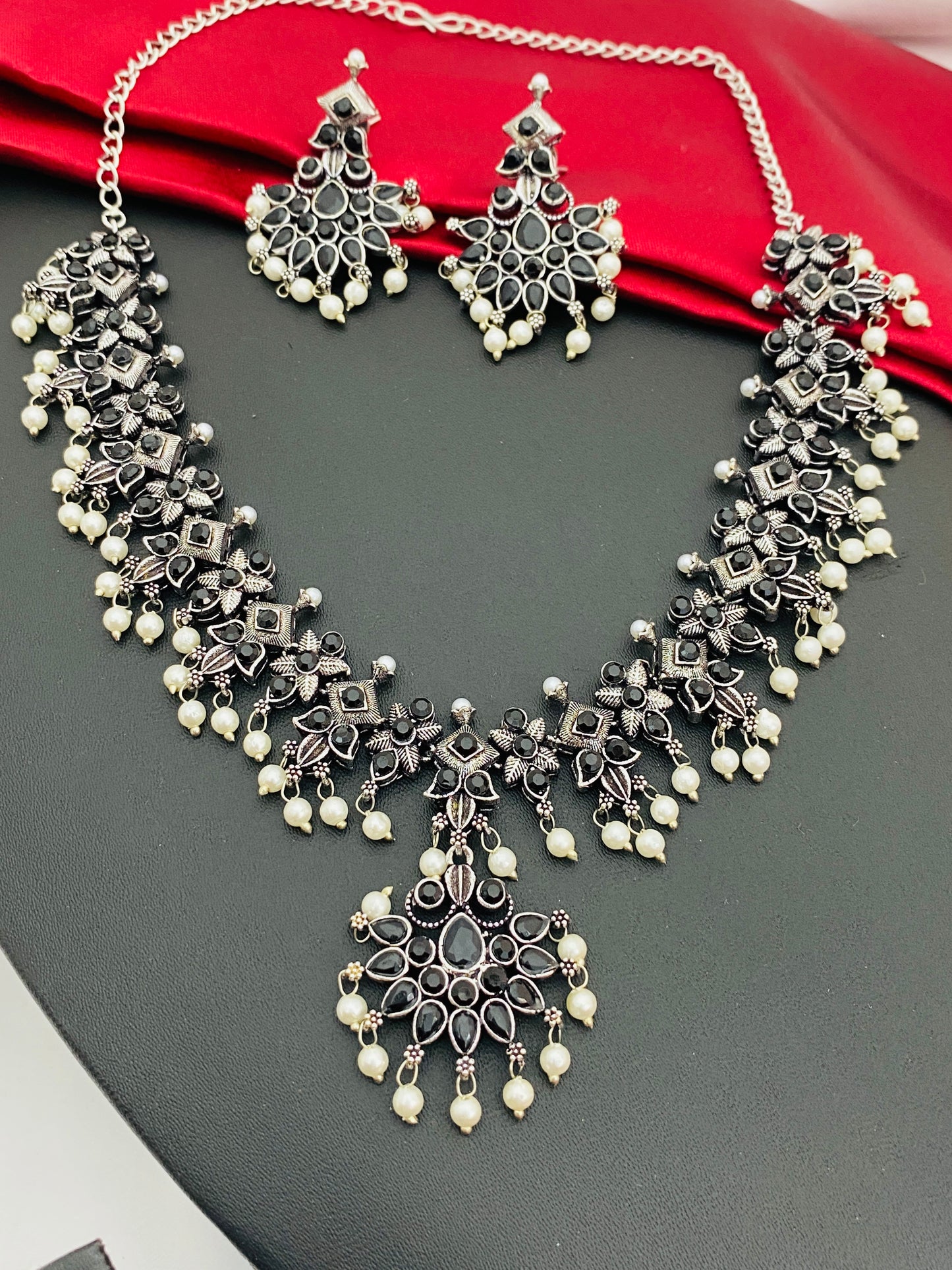 Beautiful Oxidized Designer Pearl Beaded Necklace With Earrings