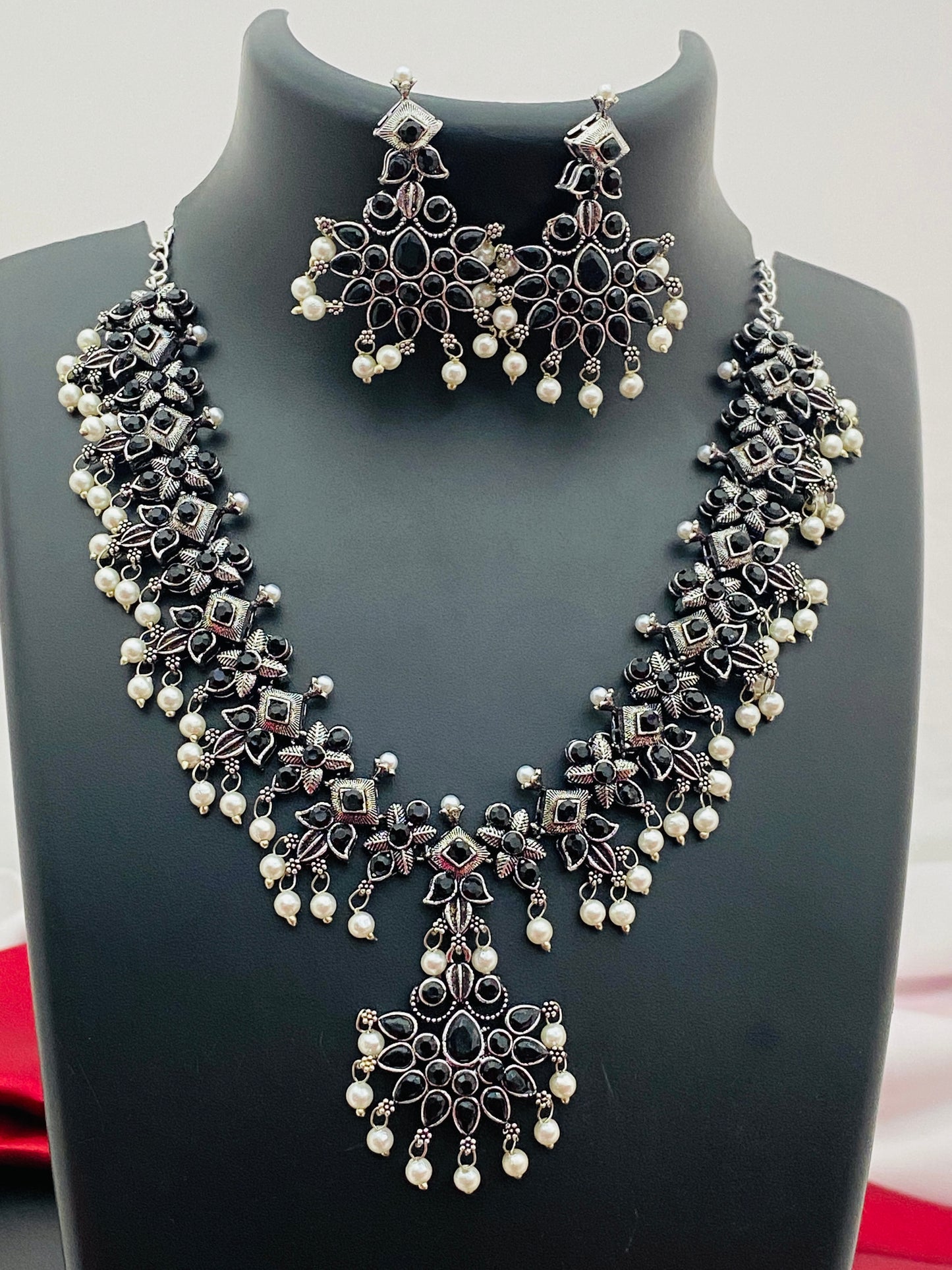 Beautiful Oxidized Designer Pearl Beaded Necklace With Earrings