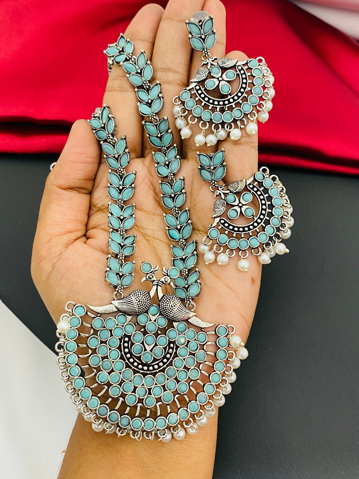 Exclusive Fashionable Oxidized Light Blue Heavy Pendant Necklace With Earrings