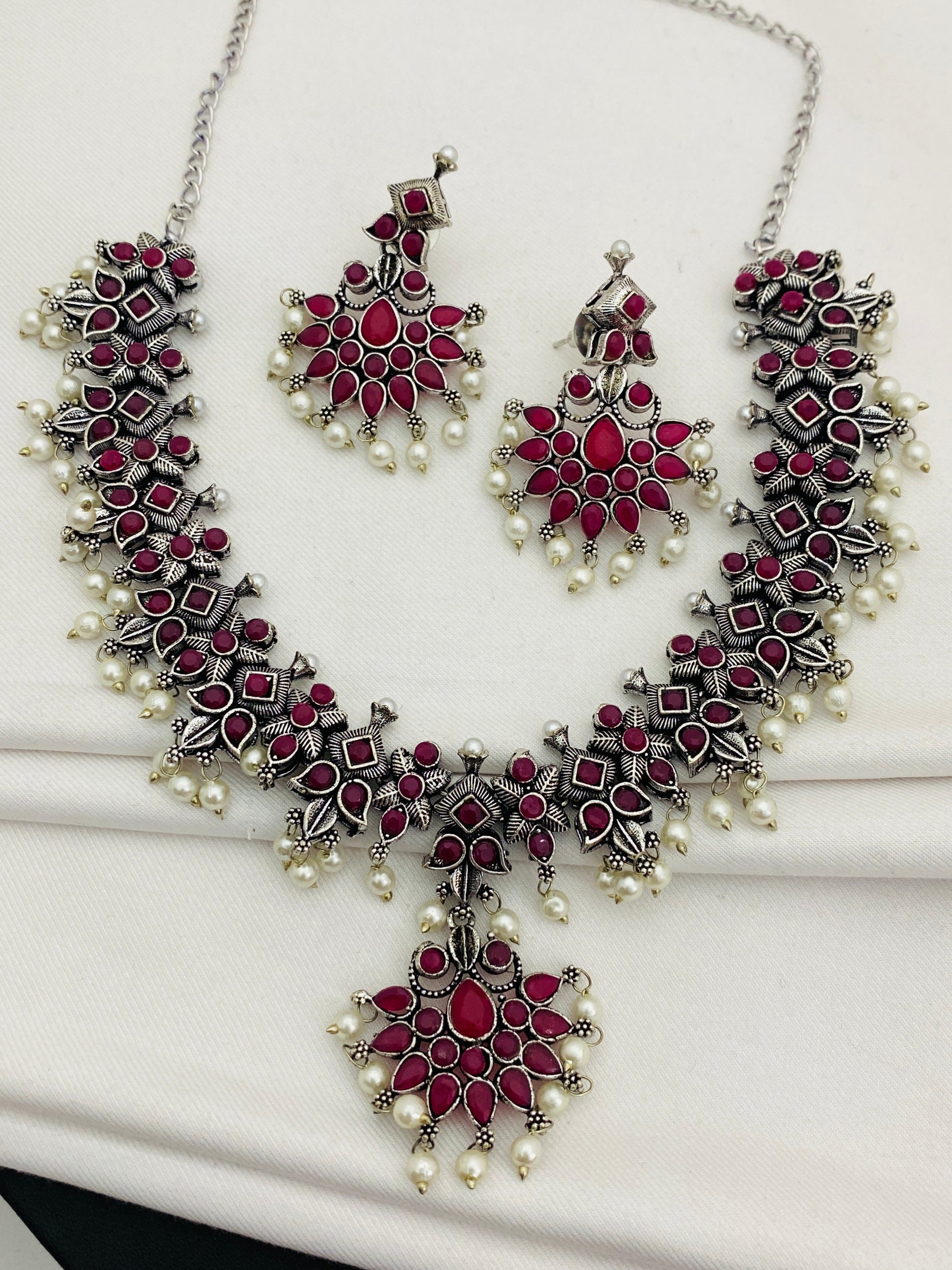 Oxidized Pearl Beaded Necklace With Earrings In USA