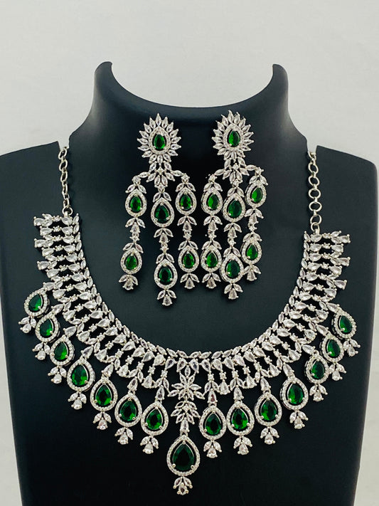 Dazzling American Diamond White With Green Stoned Necklace Sets