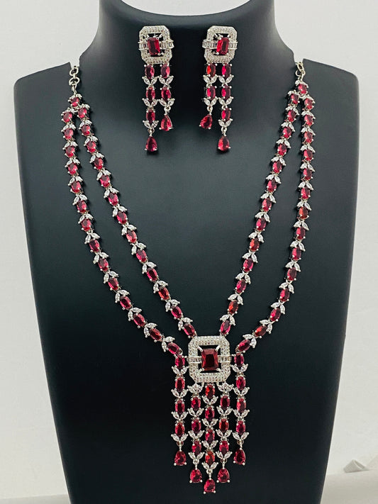 Charming Ruby Stoned Color American Diamond Bridal Wear Necklace Sets