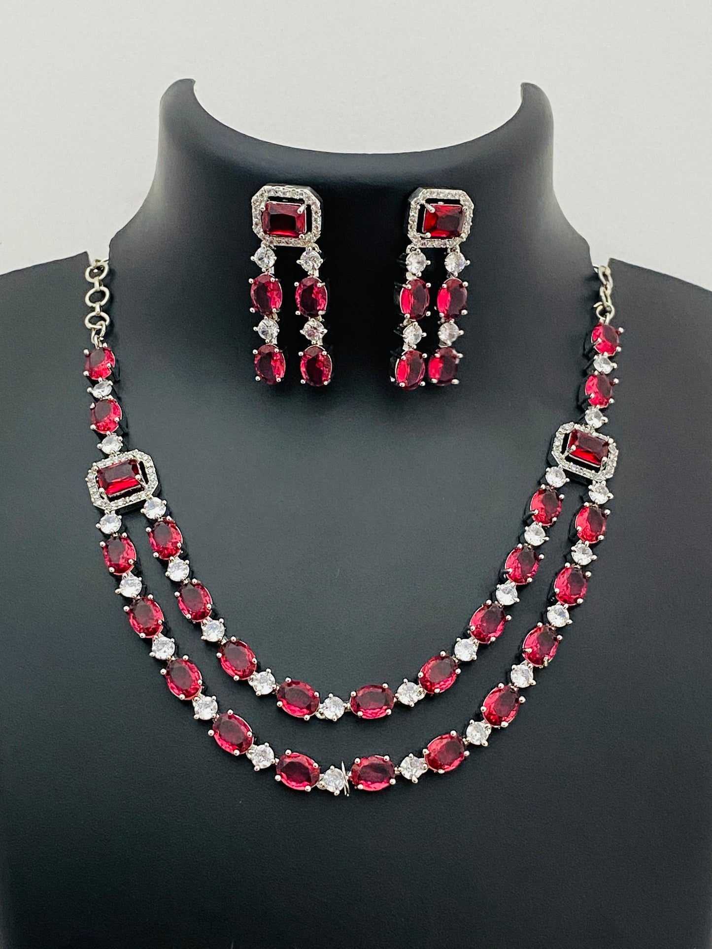 Gorgeous Ruby Stoned American Diamond Necklace With Earrings