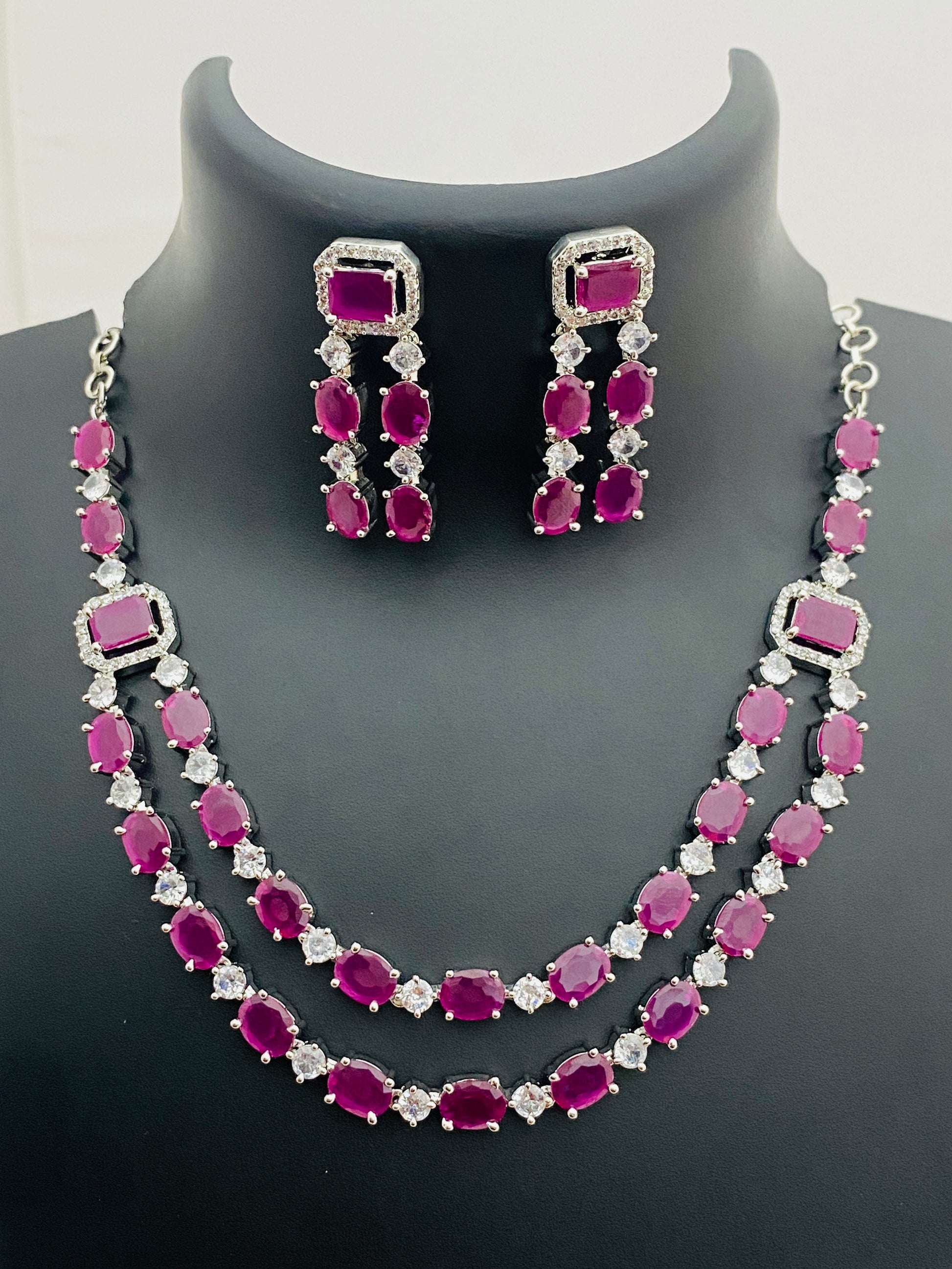 Magnificent Purple Color American Diamond Necklace With Earrings Sets